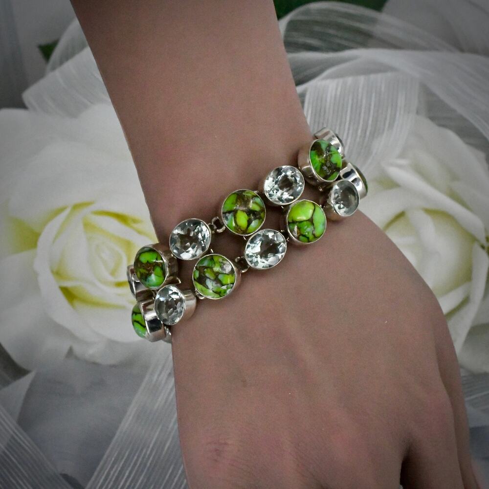 Heavy 925 Sterling Silver Green Turquoise Quartz Artisan Bracelet 46.7g